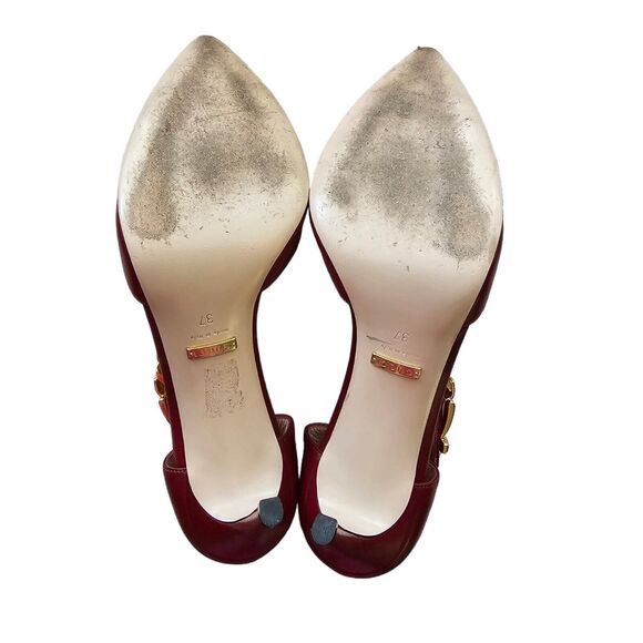 Gucci Malaga Kid Sylvie Gold Chain Pumps Heels Size 37 US 7 Burgundy Red Pointed - Picture 9 of 12
